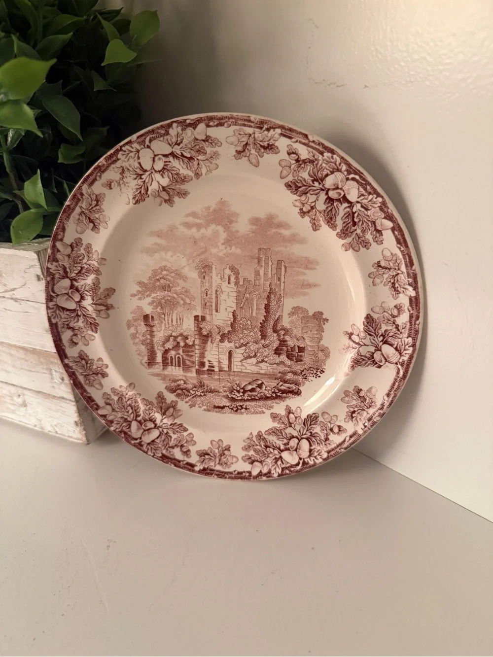 W.T. Copeland Brown Transferware Salad Plate Castle Ruins Oak Acorn Border